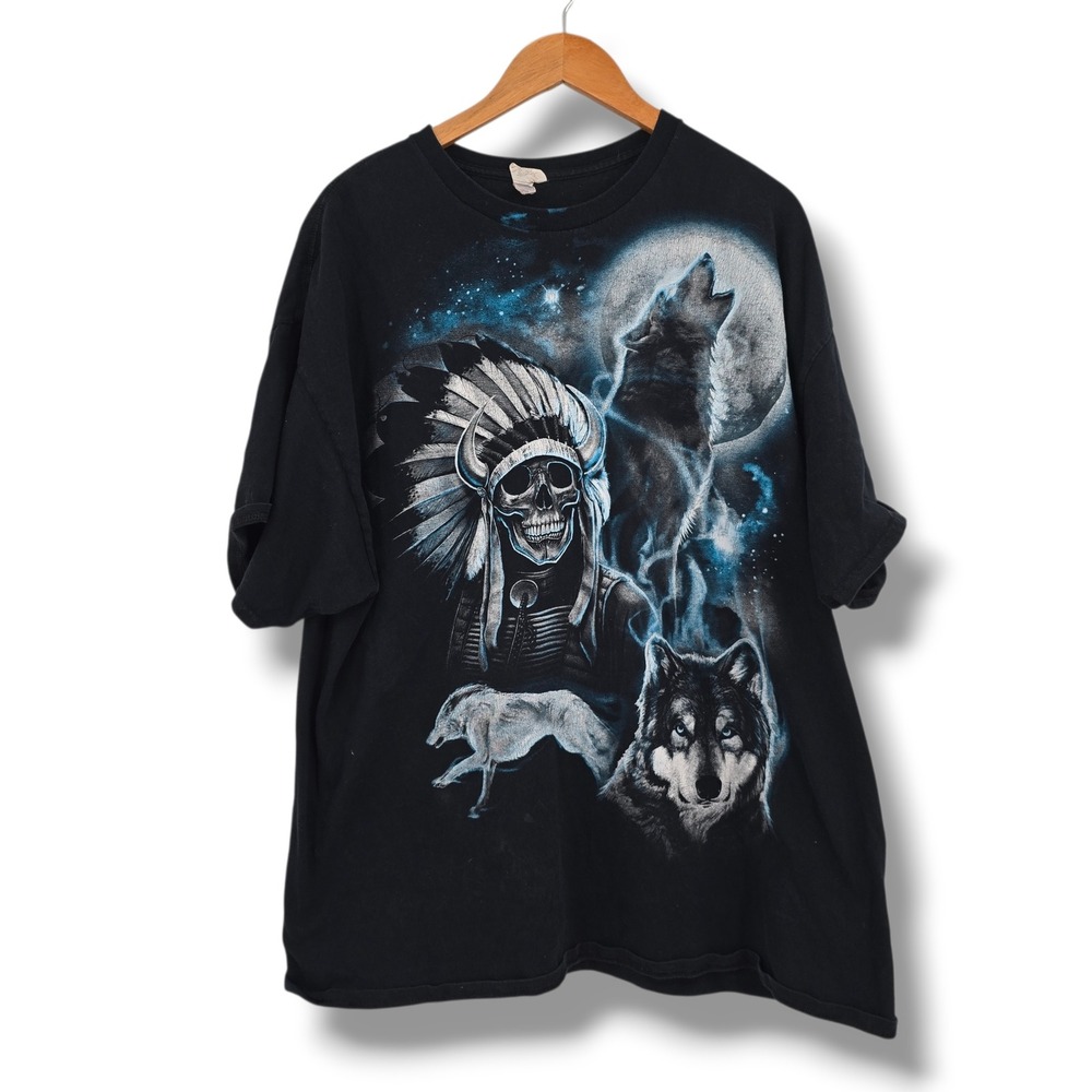 Gildan Mens 2XL Wolf Skull Graphic T-Shirt Black Native American Headdress Moon